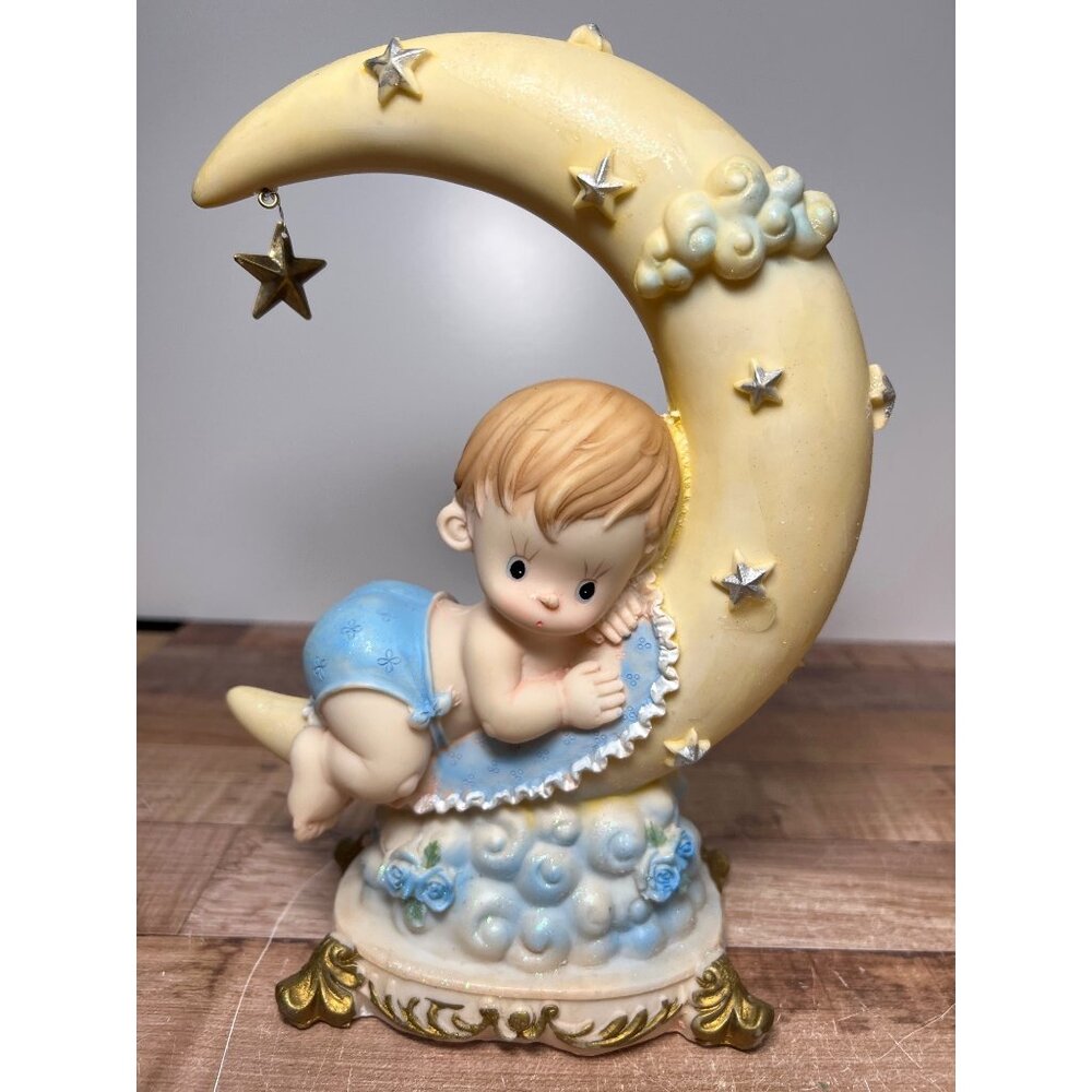 Precious Moments STYLE Baby Figurine Resting On Moon With Stars & Floral Accents